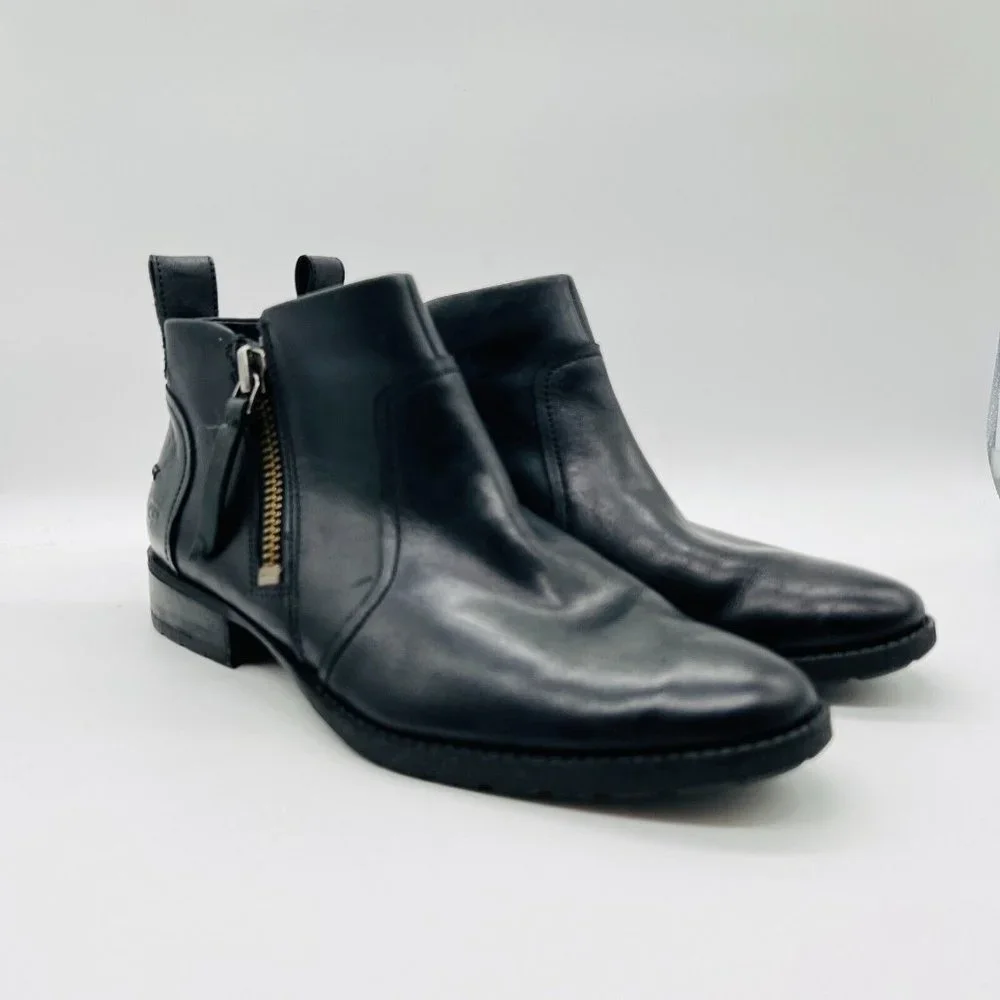 UGG Black Leather Ankle Booties with Side Zipper